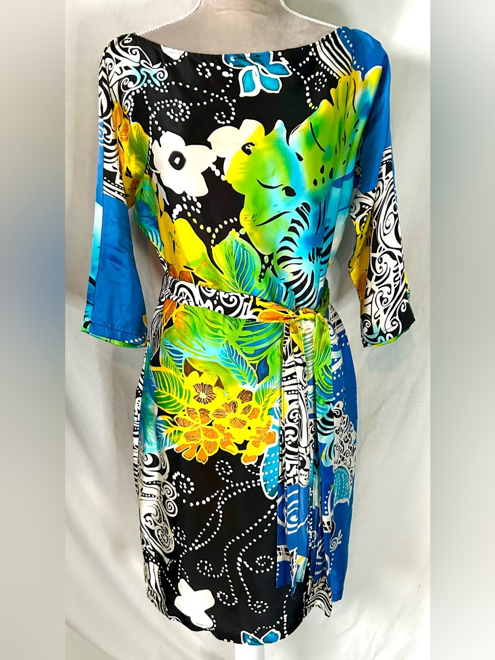 Vintage Y2K Cache Multicolor Tropical Floral Belted Silk Dress, Size XS